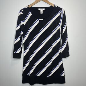 White House Black Market Women’s S Black Blue Striped 3/4 Sleeve Tunic Blouse
